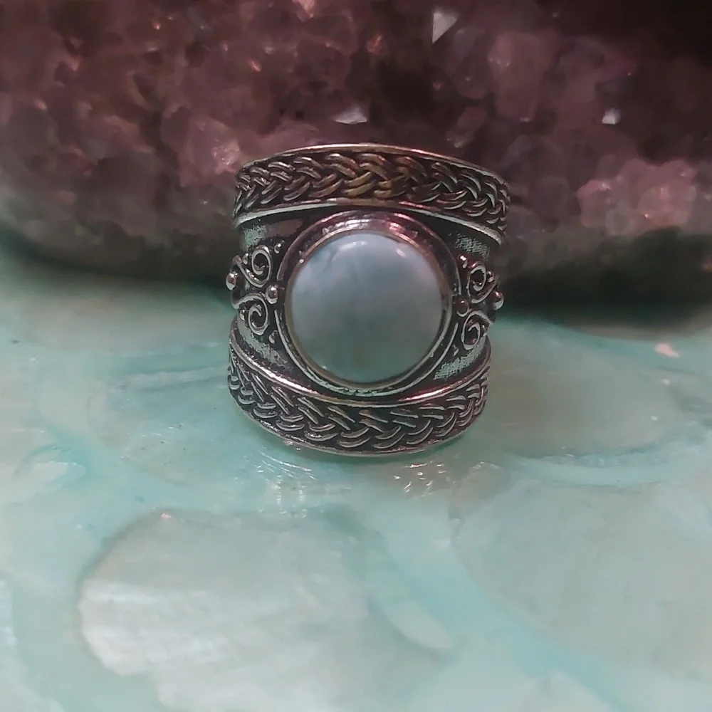 Wide Band Vintage Style Larimar Ring Size 7 - Picture 6 of 9
